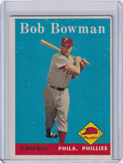 Vintage baseball card of Bob Bowman in a batting stance with Philadelphia Phillies uniform