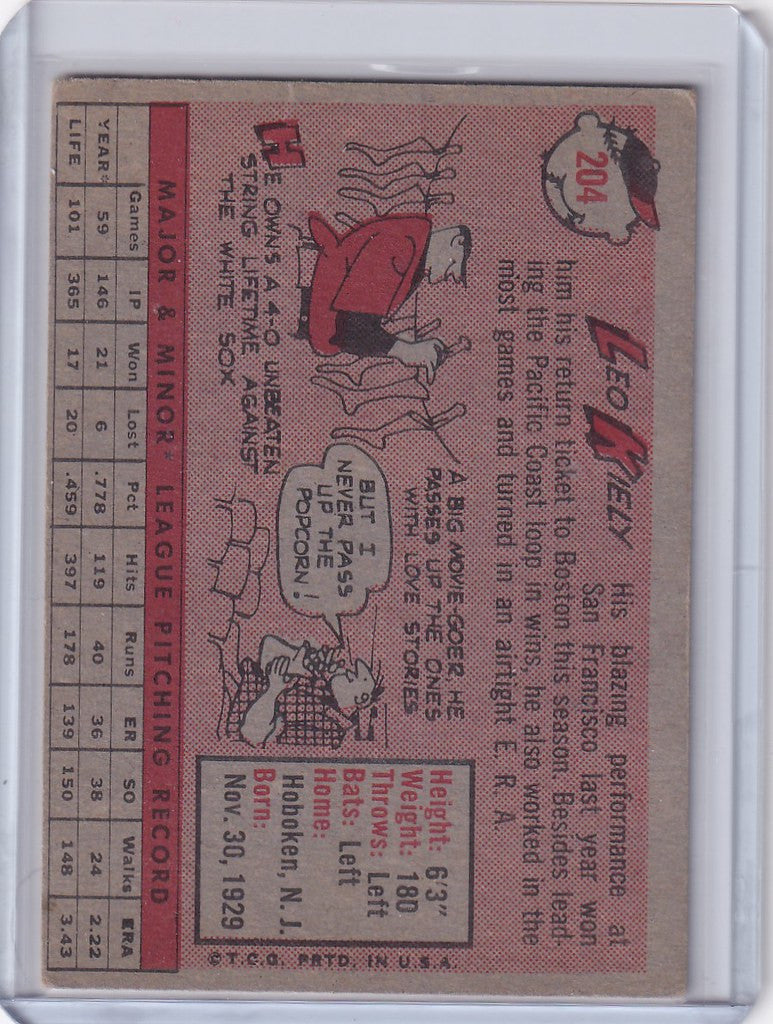 Vintage 1958 Topps #204 Leo Kiely baseball card featuring Boston Red Sox player stats