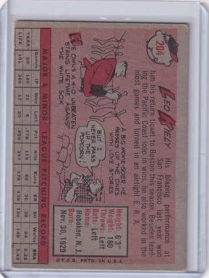 Vintage 1958 Topps #204 Leo Kiely baseball card featuring Boston Red Sox player stats