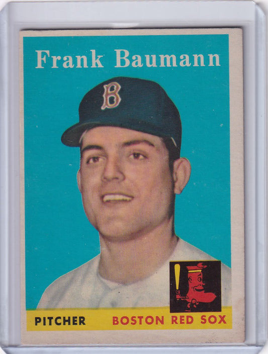 Baseball card of Frank Baumann, Boston Red Sox pitcher with team logo cap