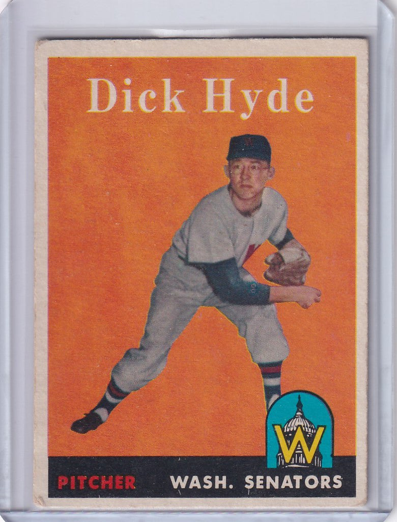 Vintage baseball card of Dick Hyde - Washington Senators in pitching stance