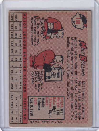 Vintage 1958 Topps #188 Milt Bolling Washington Senators baseball card with illustrations