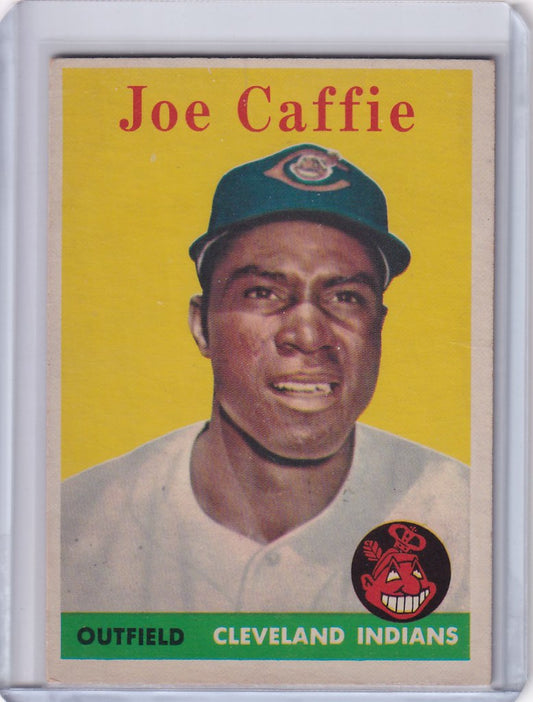 Baseball card of Joe Caffie from the Cleveland Indians against a yellow background