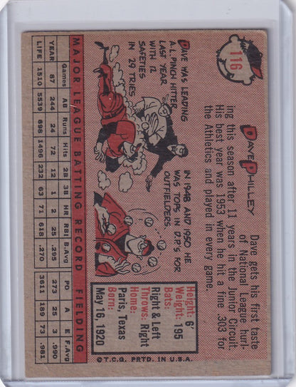 Vintage 1958 Topps #116 Dave Philley card featuring Philadelphia Phillies cartoon art