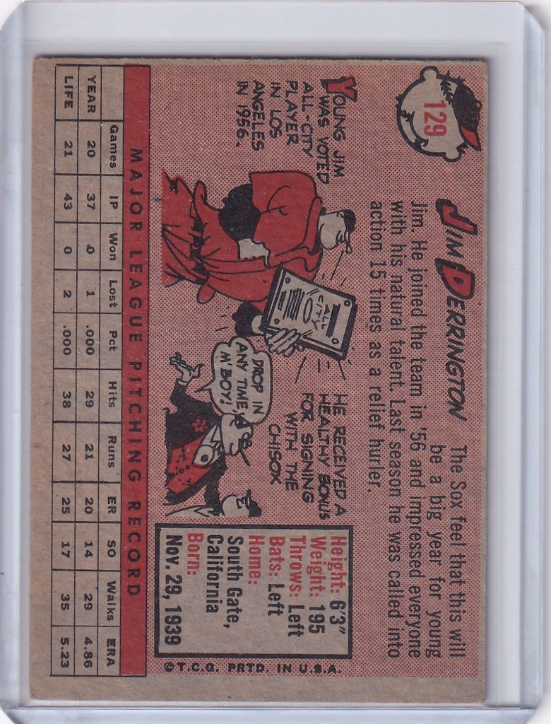 Vintage 1958 Topps Jim Derrington baseball card with cartoon character and newspaper, Chicago White Sox