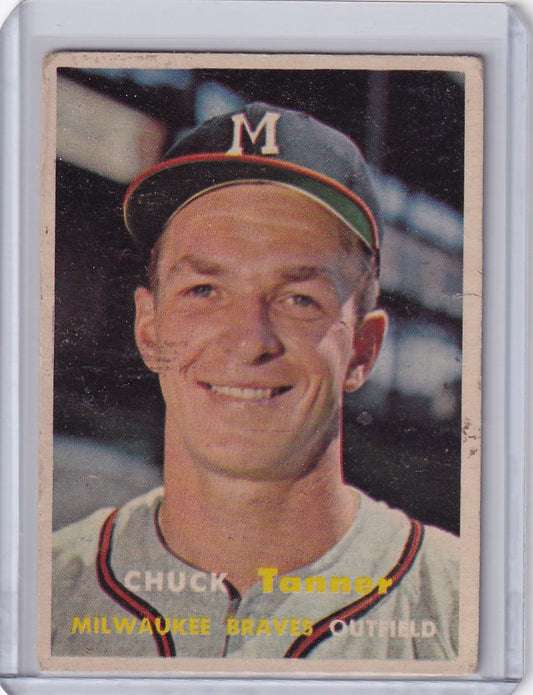 Smiling Chuck Tanner in Milwaukee Braves cap on 1957 Topps Baseball card