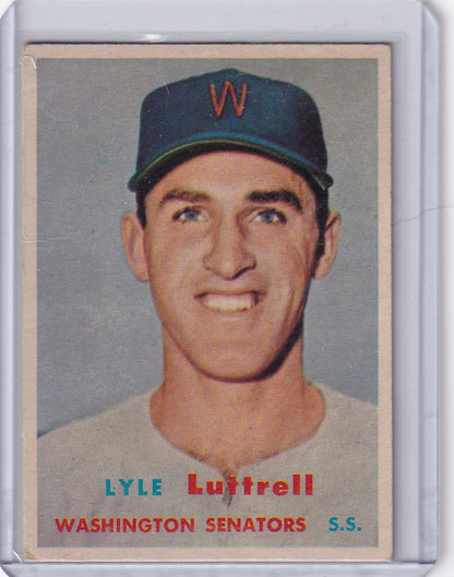 Baseball card of Lyle Luttrell smiling in Washington Senators jersey, Topps Baseball collectible