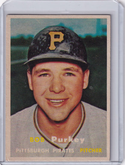 Baseball card of Bob Purkey smiling in a Pittsburgh Pirates cap from Topps Baseball