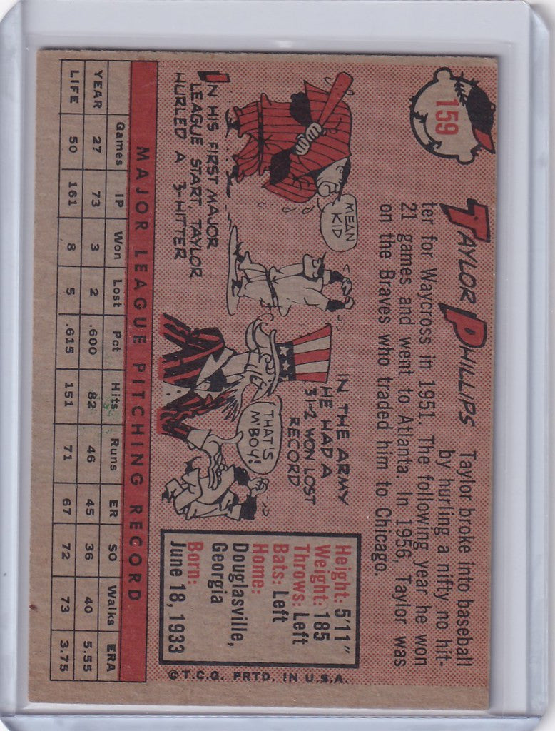 Vintage 1958 Topps trading card of Taylor Phillips from Chicago Cubs with cartoon art