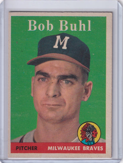 Baseball card of Bob Buhl, pitcher for the Milwaukee Braves, 1958 Topps #176