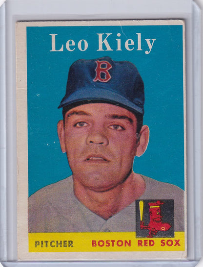 Boston Red Sox baseball card of Leo Kiely wearing cap with team logo