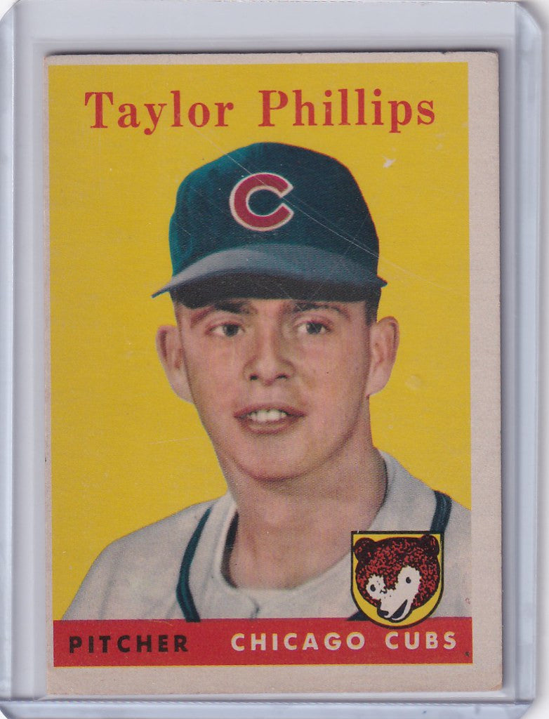 Taylor Phillips Chicago Cubs trading card on a vibrant yellow background