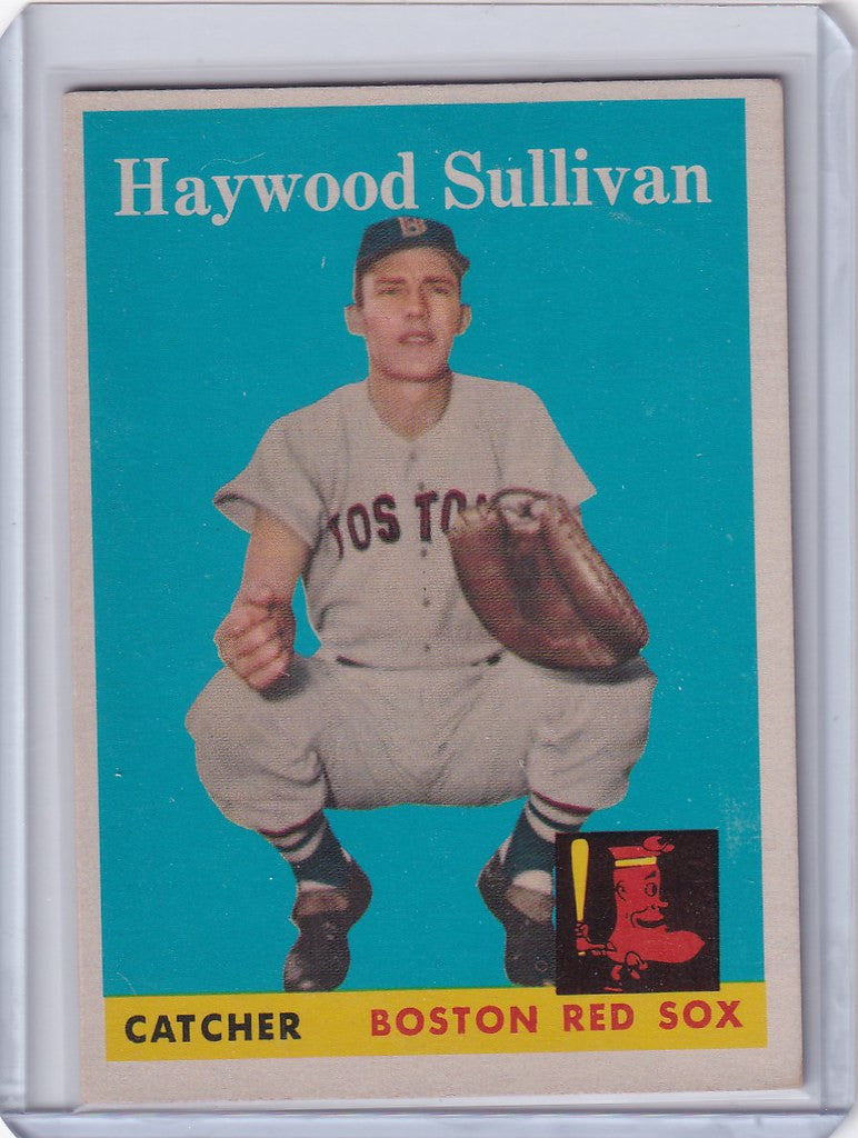 Baseball card of Haywood Sullivan in crouched position, Boston Red Sox uniform