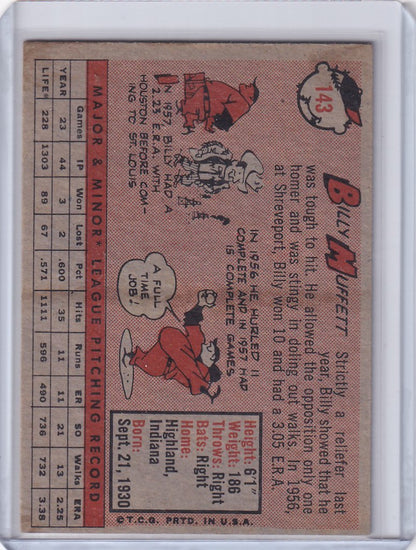 Vintage baseball card of Billy Muffett featuring St. Louis Cardinals statistics and art