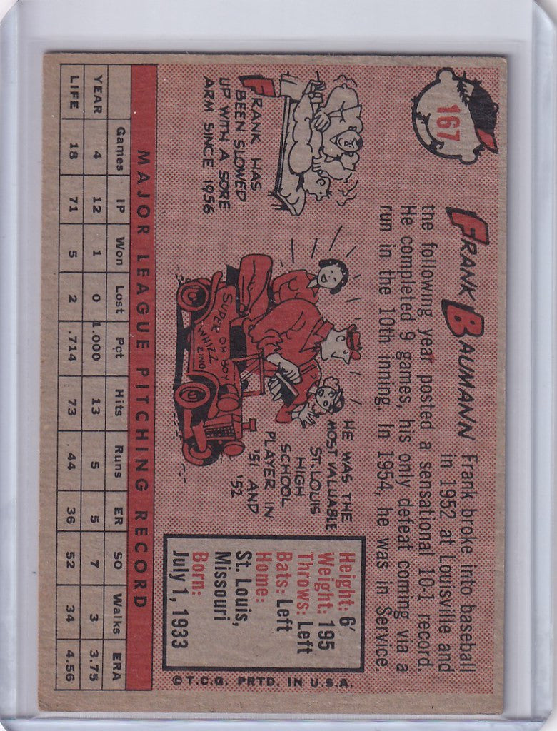 Vintage baseball card of Frank Baumann from the Boston Red Sox, featuring cartoon art