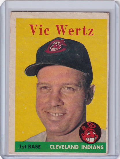 Baseball card of Vic Wertz smiling in a Cleveland Indians cap from 1958 Topps