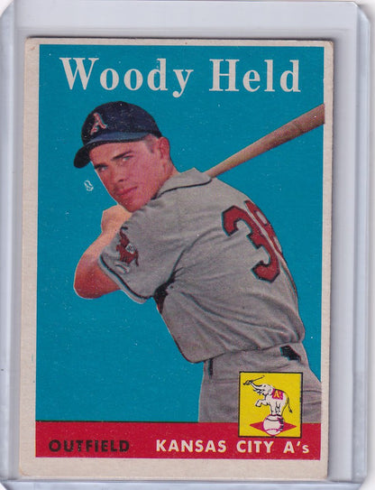 Vintage baseball card of Woodie Held from the Kansas City Athletics 1958 Topps #202