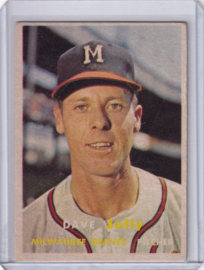 1957 Topps Baseball card of Dave Jolly from the Milwaukee Braves in M cap