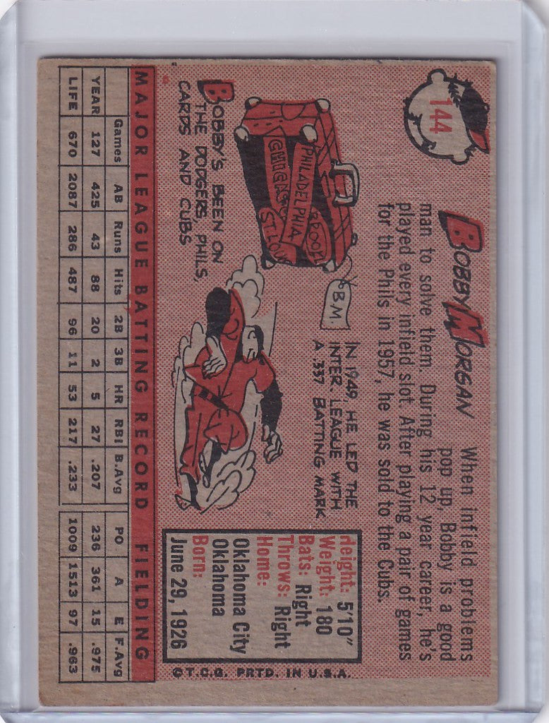 Vintage 1958 Topps #144 Bobby Morgan card showcasing Chicago Cubs player stats and illustrations