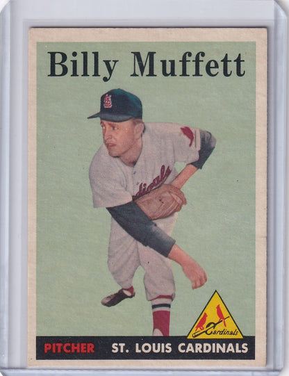 1958 Topps trading card of Billy Muffett in throwing stance for St. Louis Cardinals