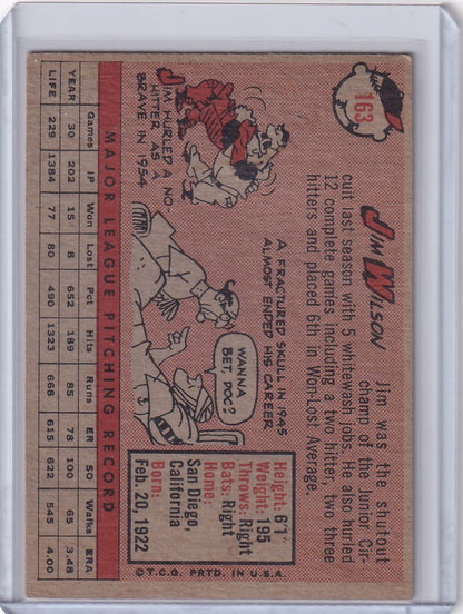 Vintage 1958 Topps baseball card of Jim Wilson from Chicago White Sox with cartoon art