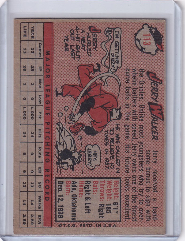 Vintage baseball card of Jerry Walker featuring cartoon illustration and player stats