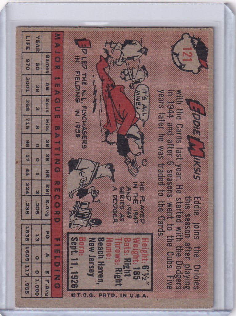 Vintage trading card of Eddie Miksis from the Baltimore Orioles 1958 Topps series