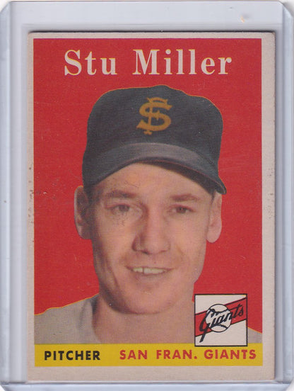 Baseball card of Stu Miller in a San Francisco Giants cap on a red background