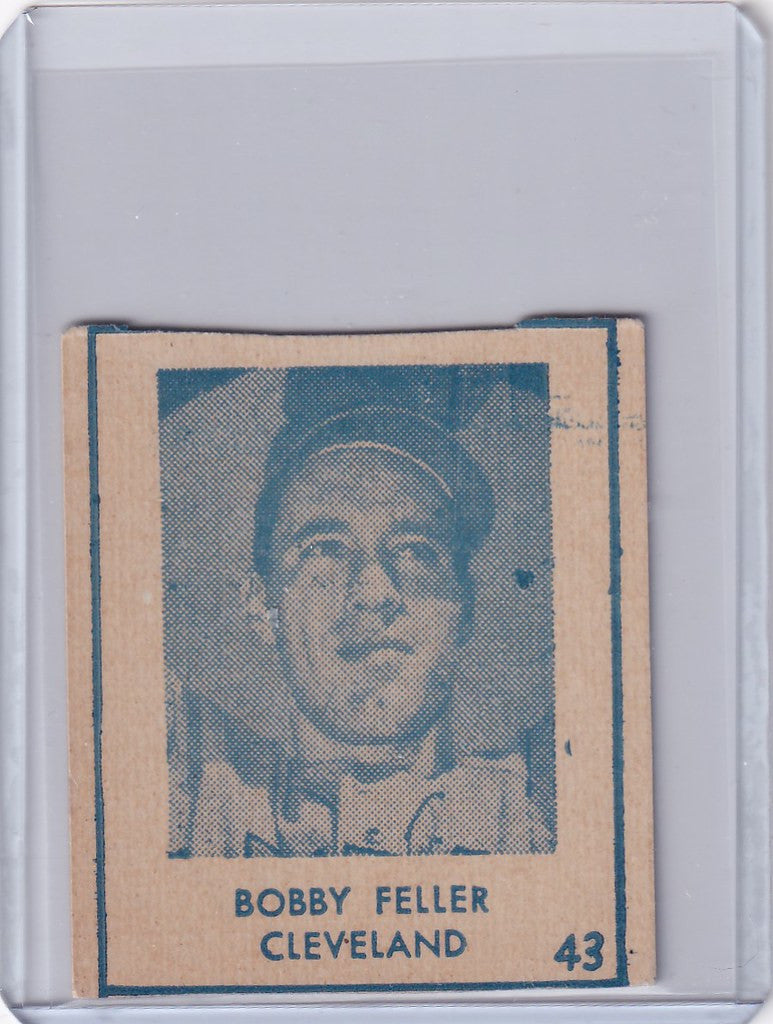 Vintage baseball card of Bob Feller Cleveland from the 1948 R346 Blue Tint series