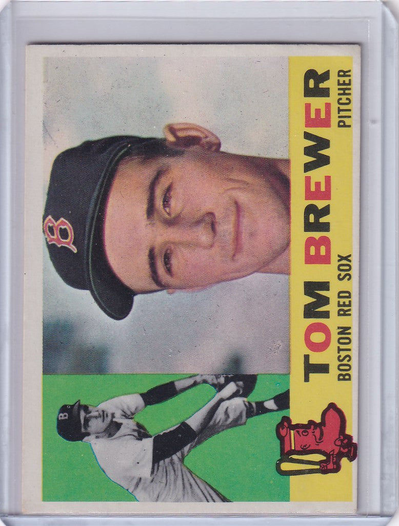 1960 Topps #439 Tom Brewer baseball card featuring a smiling player with Boston Red Sox cap