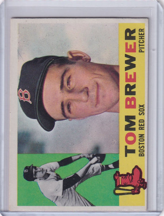 1960 Topps #439 Tom Brewer baseball card featuring a smiling player with Boston Red Sox cap