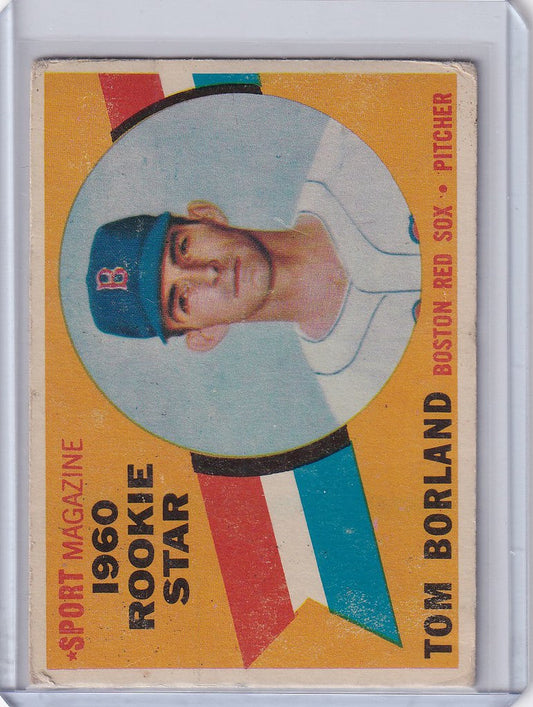 Vintage 1960 Topps Baseball Card of Tom Borland, Boston Red Sox Player in Blue Cap