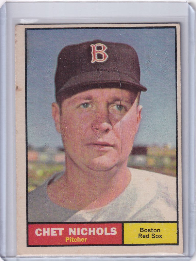 1961 Topps #301 Chet Nichols baseball card of Boston Red Sox pitcher in cap with B logo