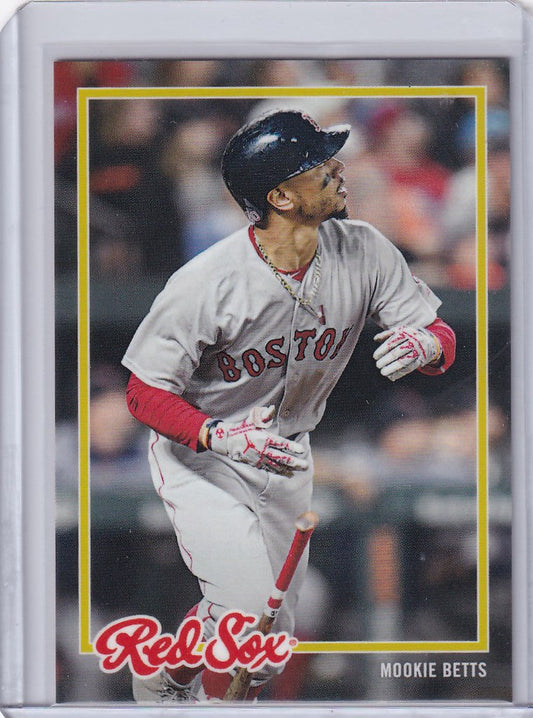 Baseball card of Mookie Betts in batting stance for Boston Red Sox collectors