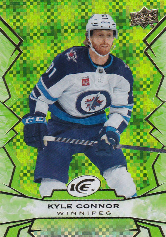 Hockey player Kyle Connor in Winnipeg Jets uniform on green background for Upper Deck Ice