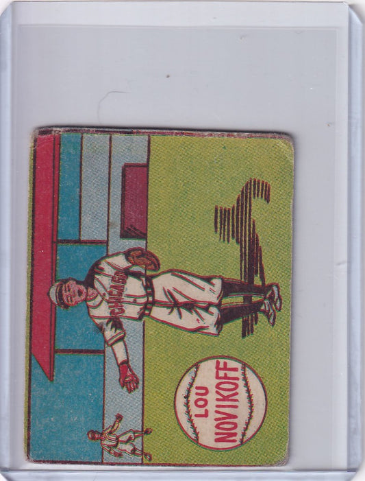 Vintage baseball card of Lou Novikoff in white and red Chicago Cubs uniform