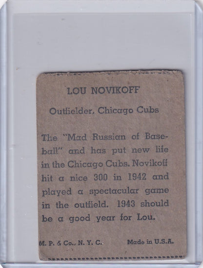 Vintage baseball card of Lou Novikoff Chicago Cubs from 1943 R302-01 M.P. & Co