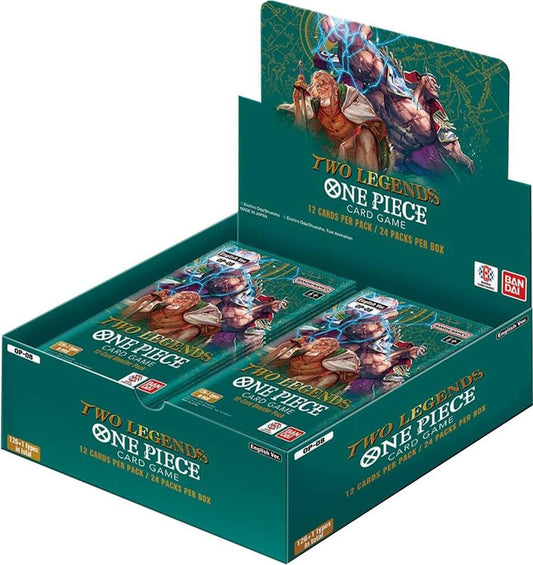 One Piece Two Legends trading card game booster box with anime characters on green packaging