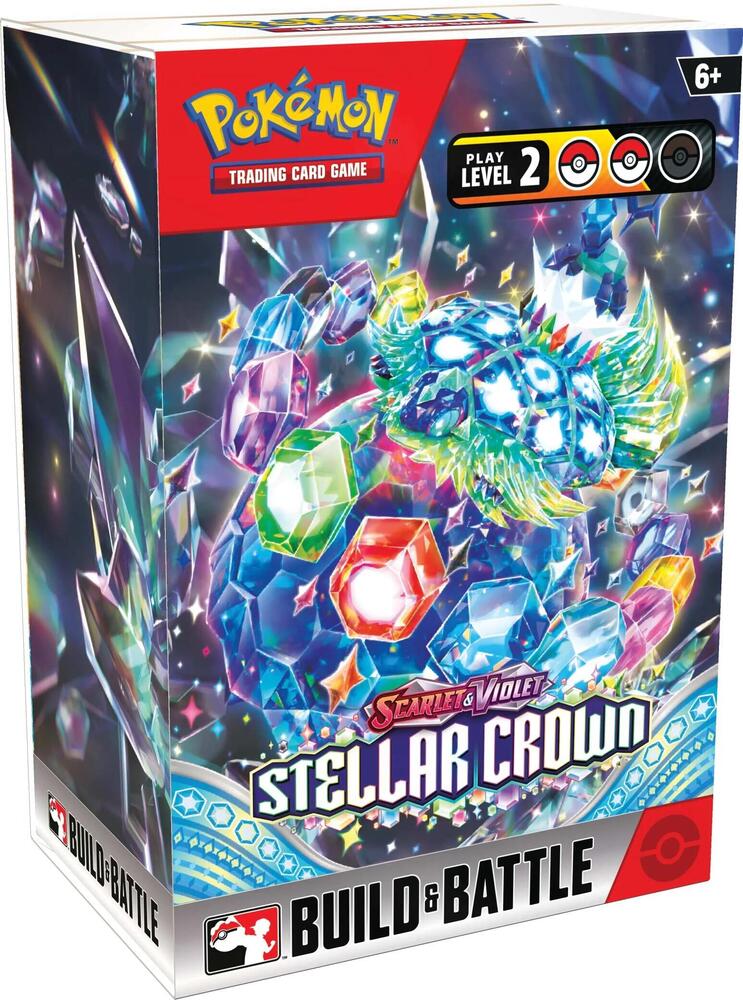 Pokemon TCG Stellar Crown Build and Battle Box featuring colorful dragon-like creatures