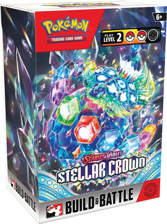 Pokemon TCG Stellar Crown Build and Battle Box featuring colorful dragon-like creatures