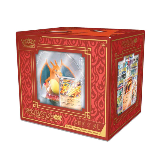 Red and gold Pokémon TCG box featuring Charizard artwork and booster packs included