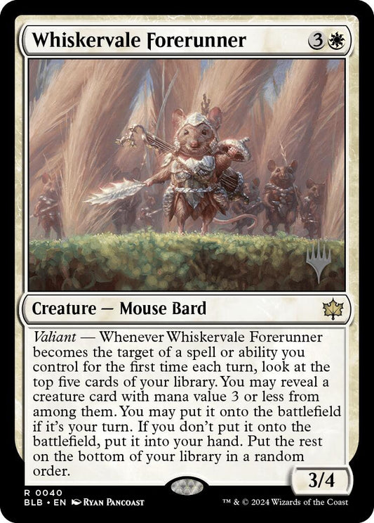 Mouse Bard in ornate armor leading allies into battle for Whiskervale Forerunner Bloomburrow Promos