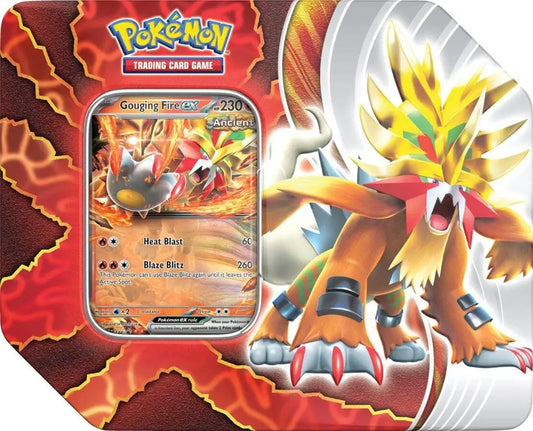 Entei Pokémon trading card from Paradox Destinies Tin featuring legendary fire-type art