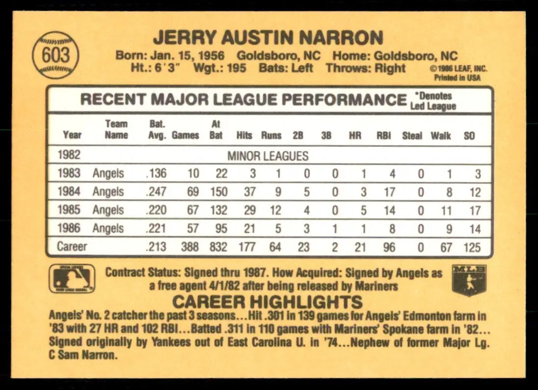 1987 Donruss Jerry Narron California Angels #603