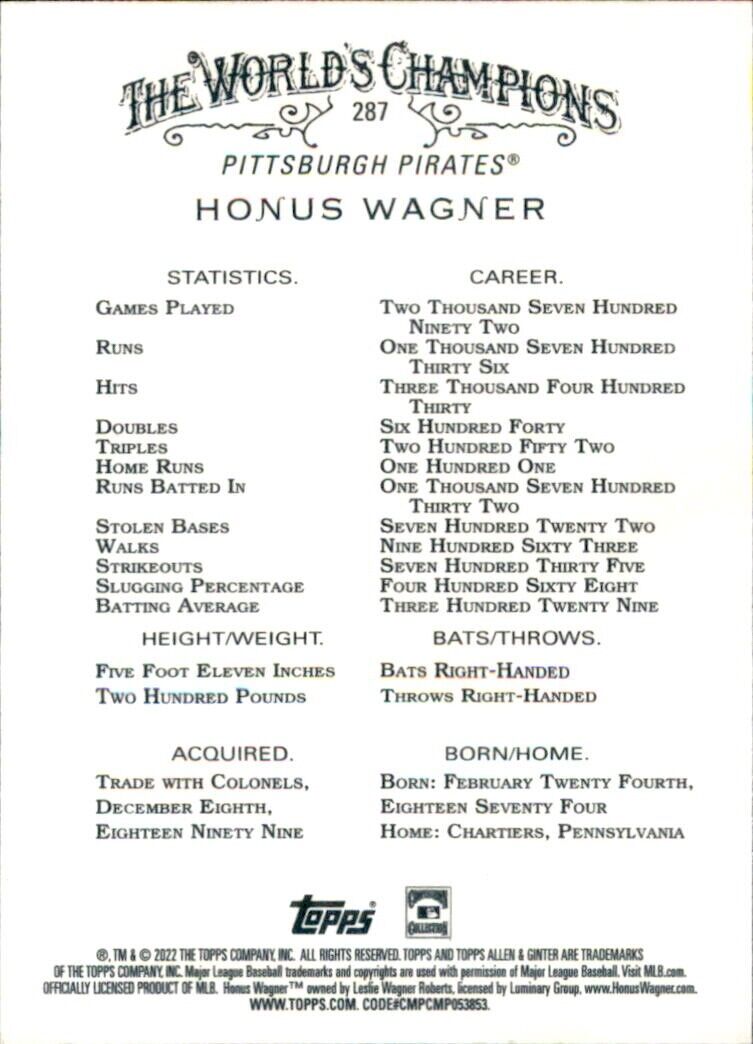 Baseball card featuring Honus Wagner Pittsburgh Pirates MLB stats and career details