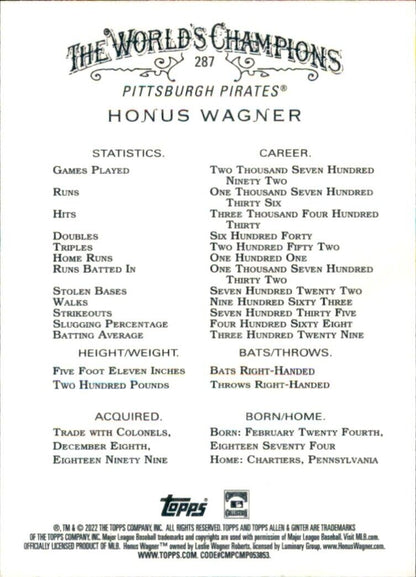 Baseball card featuring Honus Wagner Pittsburgh Pirates MLB stats and career details