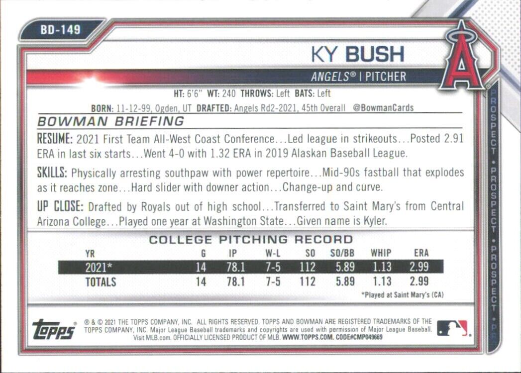 Baseball card featuring draft Ky Bush statistics for Los Angeles Angels Bowman Draft