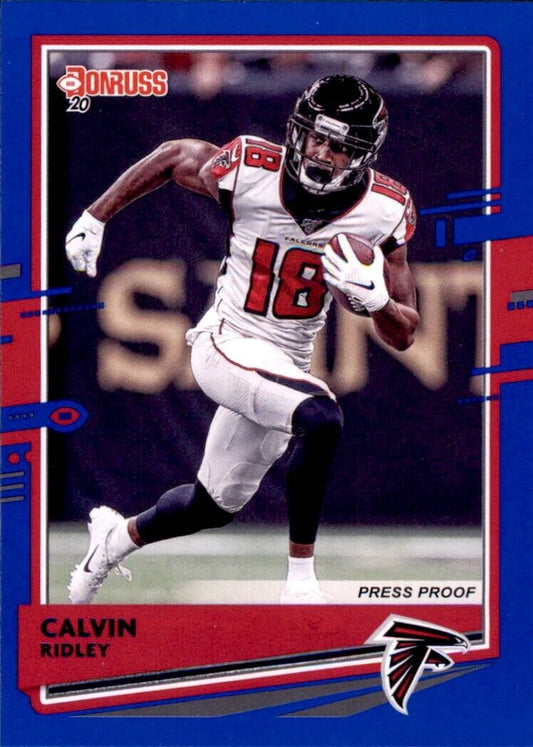 Football player in white Atlanta Falcons uniform running with ball from Panini Donruss Calvin Ridley Blue