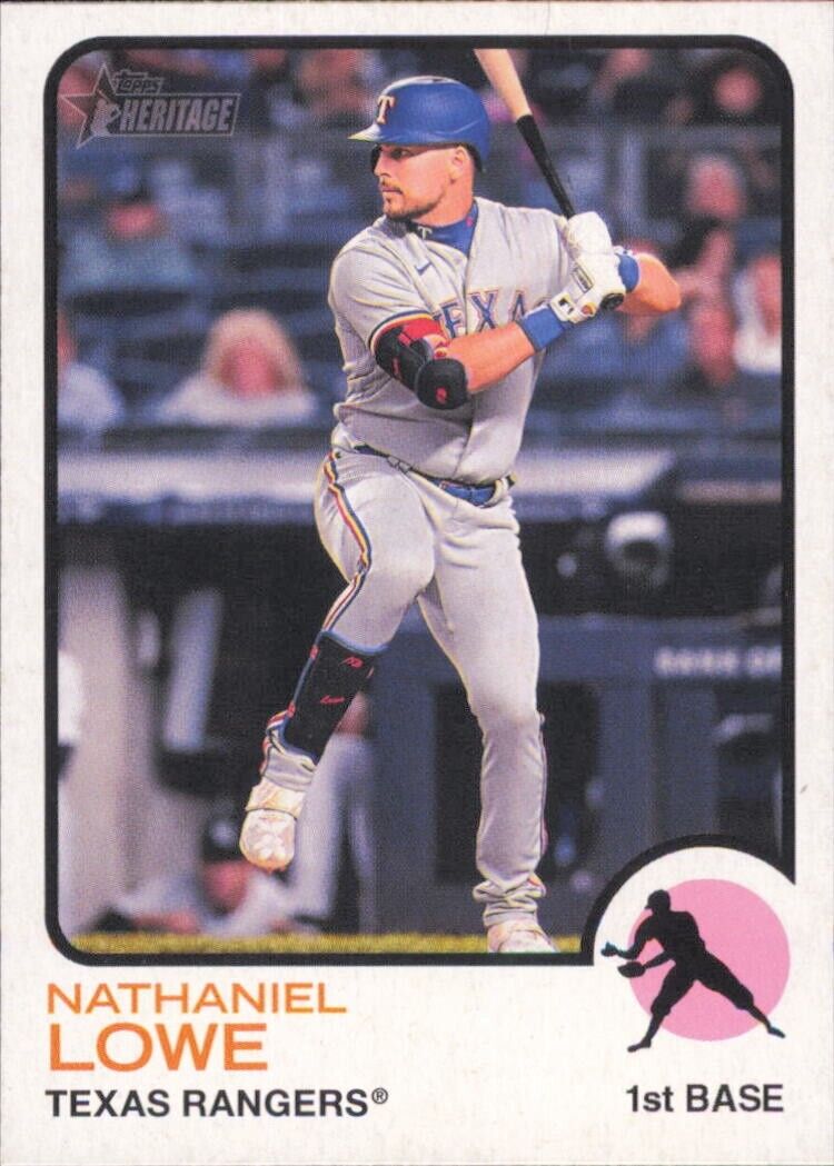 Baseball card of Nathaniel Lowe in gray uniform for Texas Rangers Heritage set