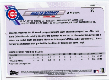 Baseball card of Brailyn Marquez featuring Topps Chrome stats and biographical info